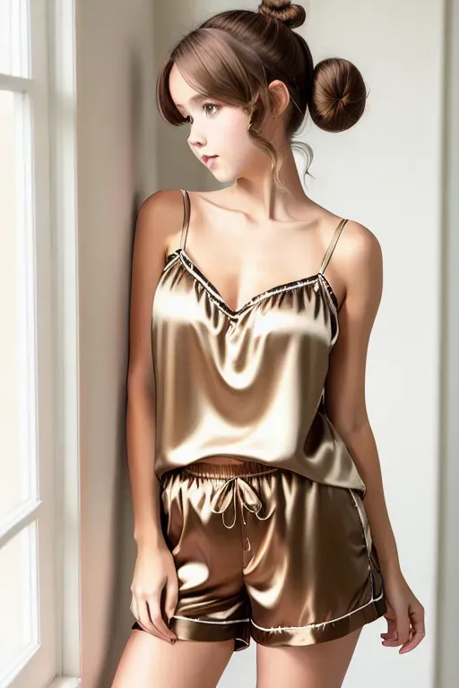Best quality, tomboy girl with brown hair in small bun, satin camisole and shorts, embarrassed expression, large breasts, stain camisole and satin pajama shorts, Pokimane