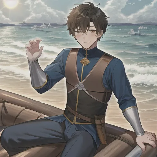cute_guy, shy_man, blush_man, blush, anime_style, (smile), ((young_man)), young_adult, (darkbrown_hair), short_hair, male, ((pretty_hands)), ((detailed_hands)), medieval_outfit, yellow_brown_eyes, (blue_outfit), adventurer_outfit, sitting_at_raft, (raft), boat, ocean, sun, seagull