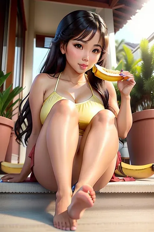 Beautiful filipina woman with perfect feet, blushing, eating a banana