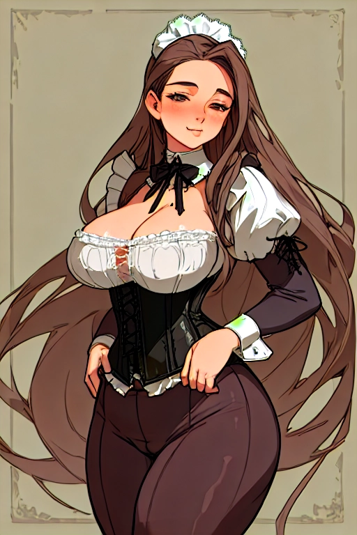 highly detailed, artwork, french maid, mature, european appearance, gorgeous face, cartoon facial features, perfect body, ((long flowing hair)), ((sexy outfit with laced corset)), ((pudgy gut ripping outfit)), stately home background