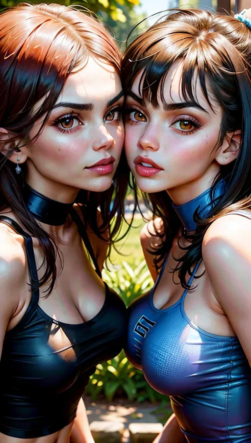 2 girls, best quality, (((ultra high res))), (detailed face and eyes), ((Victoria Justice and Kylie Jenner kissing)), ((face closeup)), single, perfect tits, giant tits