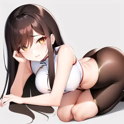 Chinese girl , medium sized ass, flat face , stubby nose , medium sized body , normal thighs , freckles on her face , big boobs , brown hair , straight hair , small lips red , pussy hair , slim body