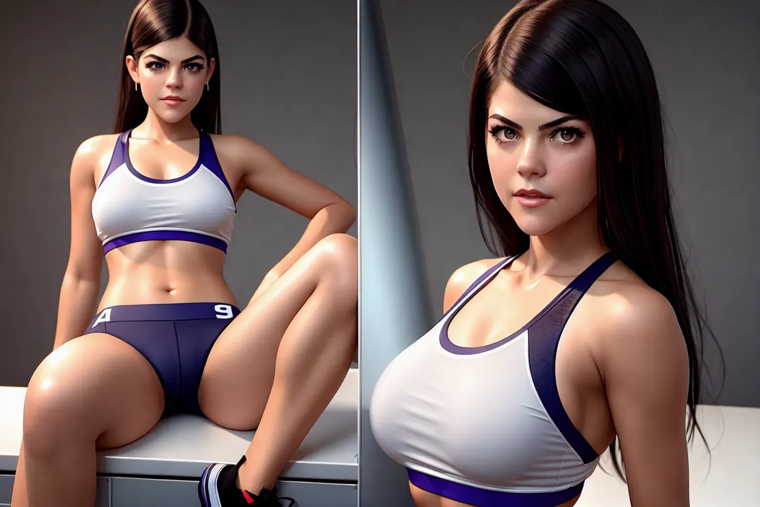 a concept art wide shot of, (20 year old Selma Blair)( completely accurate face), (flirtatious mischievous aroused lewd), full body, in a College Classroom, bent over the teachers desk, (As a College Athlete)(wearing wire rim glasses)(Wearing a College Jersey)(wearing track pants)(exposed midriff),(athletic physique), playful sitting pose, (very tiny perky breasts), five slender fingers,beautiful face,beautiful lips,detailed large eyes,curved eyebrows,cgsociety,natural lighting,studio lighting,professional,editorial, (oily skin glistening)(tan lines)