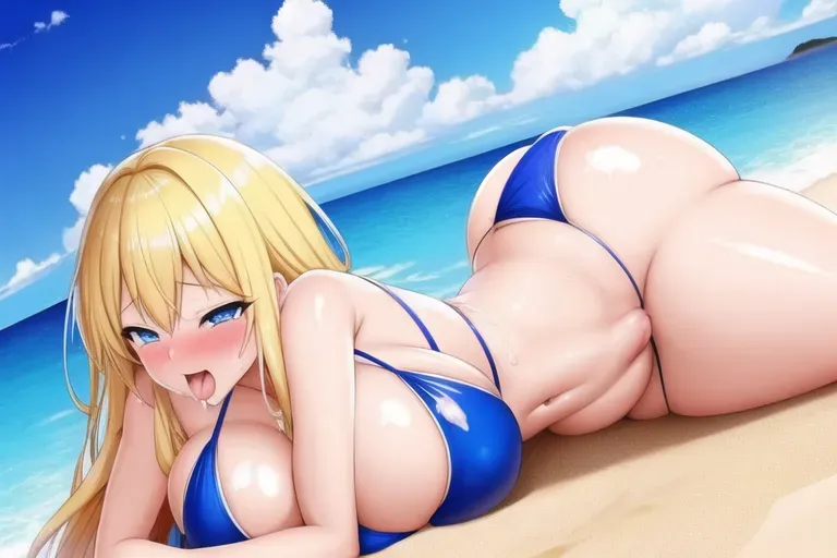Face cum, ahegao, enormous boobs, blue bikini, enormous ass, blue eyes, blonde, showing ass, pussy full of cum, at beach,small bikini,cum,dick cuming,full of cum,a lot of cum,anal