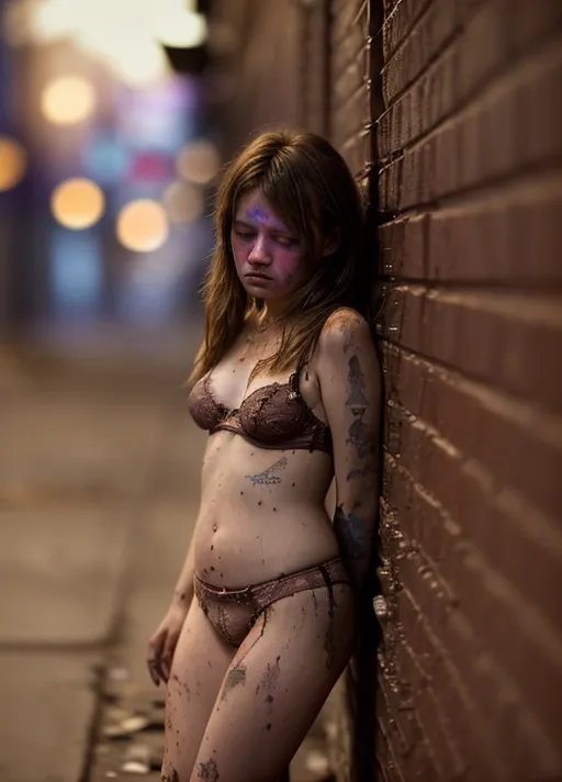 sad, lonely, in a dirty alley, homeless, abusive boyfriend, neglected, (((bruised))), (((beaten))), (((bokeh 1.5))), ((((masterpiece)))), ((((highly detailed)))), Full body image, looking at viewer, (((begging for mercy))), (((dirty underwear 1.5)))