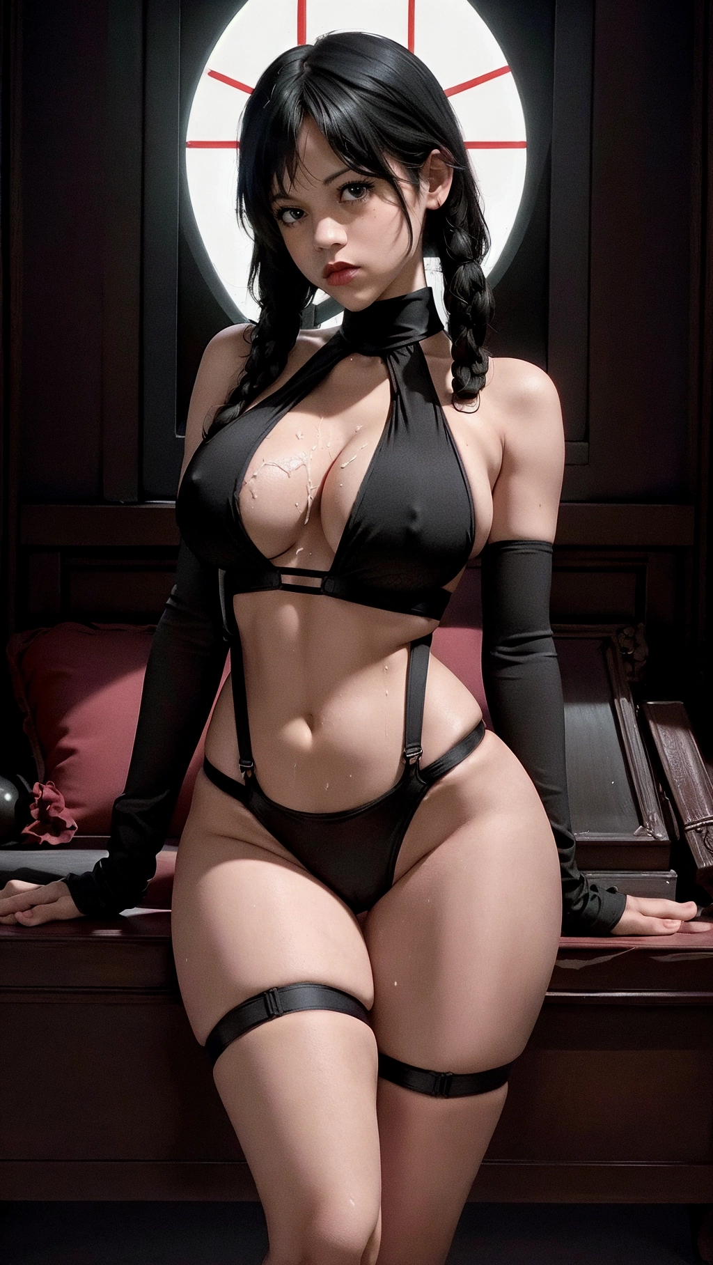 photograph, dpmg_jenna_ortega_v1, ((red sex harness)), slave, library, athletic body, slim body, slim waist, blushing, horny look, horny gaze, seductive gaze, erotic pose, (large breasts:1.3), firm breasts, full big boobs, (cum on tits:1.2), visible erect nipples, five slender fingers, large eyes, accurate anatomy, accurate legs, accurate arms, accurate joints