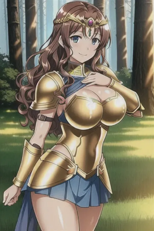 beautiful woman, warrior, sunshine bright day, golden wet skin shining, sexy look, brown hair, curly hair, blue eyes, blue face tattoo, Greek skirt, pine forest, muscular, smiling, blushing, hand on chest, roman armor, grass crown, realistic armor, spartan armor, tassets, sword