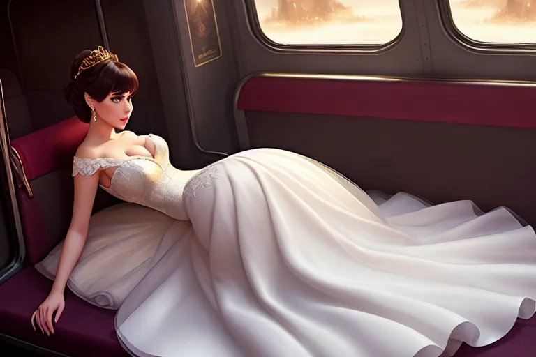 a digital painting of,a disney princess,wearing wedding dress,all-fours,in the bus,big breasts,five fingers per hand,bangs hairstyle,gorgeous face,beautiful lips,black eyes,curved eyebrows,pale skin,cosy,wearing golden ring,smooth,artstation,cgsociety,professional,surreal