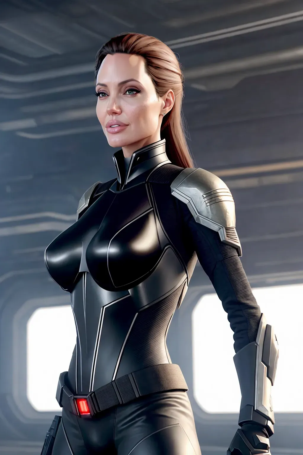 a concept art of,Angelina Jolie, light freckles, empty hands, in a sci-fi movie, in black tactical pants, black military armor, combat boots,updo red hair, confident smile, five fingers per hand, dirty face,textured skin,cgsociety,8k, unreal engine, highly detailed, artstation, deviantart, cinematic, centered, medium close up, 8k, studio lighting, head in frame, long neck, entire head in frame, hyper-realistic