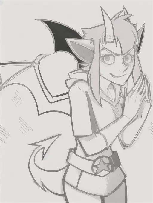 masterpiece, best quality, full face, half body, 1girl, solo, short_hair, horns, imp, smile, pink hair, tussled hair, blue hoodie tunic, belt with star long_gloves, mono lens goggles, lineart, bat wings, tail, centered in frame, dynamic, <lora:manga_lineart:1>