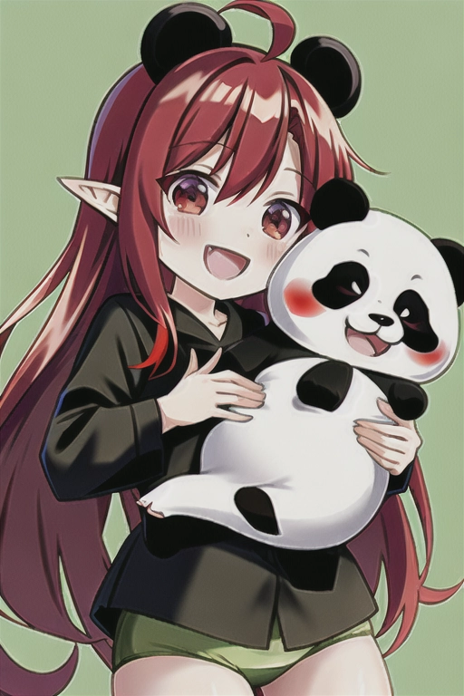 Red head goblin girl, green skin, pointy ears, holding small panda, cute, happy, chibi, underwear,