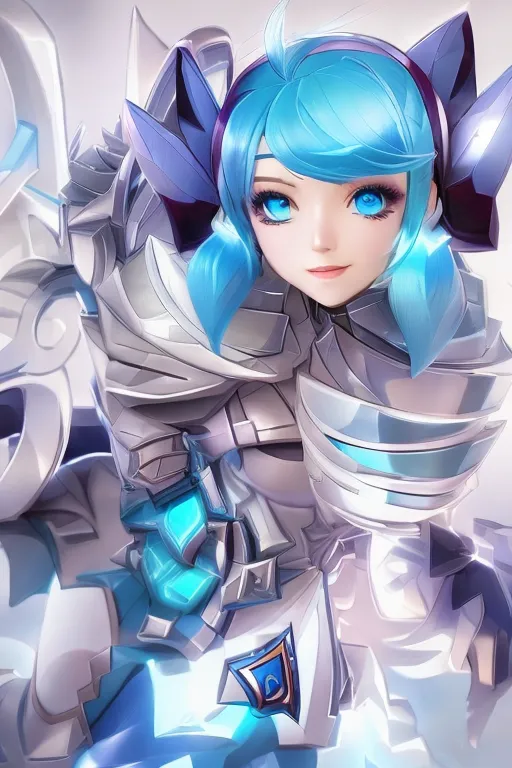 Gwen from league of legends, full body, blue hair, smile, blue eyes,