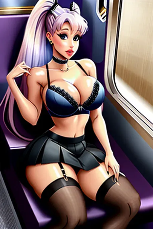 ariana grande sitting on the train in a bra lifts her skirt and shows her panties