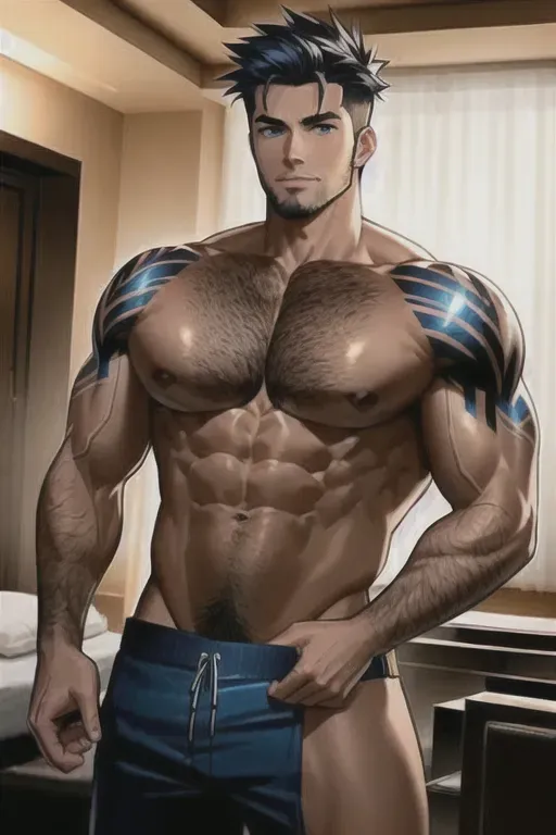 a concept art of,man,flexing,in hotel room,muscular,five fingers per hand,short wavy hair,handsome face,beautiful lips,blue eyes,bushy eyebrows,smug,tattoos,unreal engine,pixiv,ultra realistic,studio lighting,male,black hair, correct proportions, masterpiece, best quality