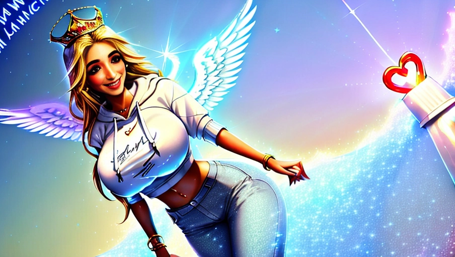 a 64k high detailed photo of Female Angelics HDR Professional ((In hoodie))) ((Has pants)) ((Has clothing on)) (Covered with clothes) (Robes) Godly Ultra Detailed Best Quality Most Detailed ((Angel Wings)) Angelic Lighting Love Hope Magic casting Crown Smiling Queen happy Glory Warrior Angels Angelics Positivity Happiness ecstasy enraptured sweaty saving God Royalty Morality Goodness True Good Power Force Authority Ethical Saviour Halo short Hair Always and Forever Sentimental in heat hot ultra hot best best lighting tantric Neutral Brilliant Logical Compassionate Perfect Perfection Exciting Integrity Winged Courage Purity Harmony Beauty mark on upper lip ((Female)) Ethereal Lighting Celestial Lighting ((((With Clothing)))) (((With God Technology))) ((With God Item)) ((God Tech)) with items of power ((God Wings)) ((Afterlife Light)) (Perfect Tits) (Perfect Ass) (((Love Worship))) ((Happy Expression)) ((smiling)) ((((Flirting)))) (((Multiple Female Angels))) (Love) (Love Magic) (Casting Love Magic)