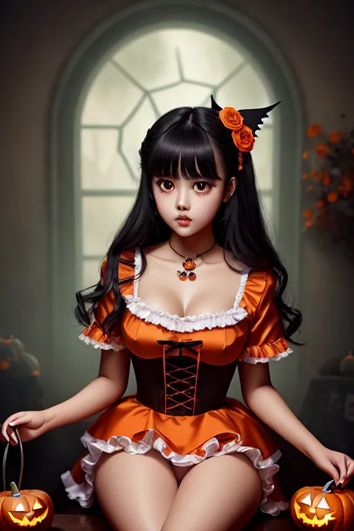 a digital painting of,kim so hyun,wearing halloween clothes,kneeing,in a tea party,five fingers per hand,silky hair,beautiful face,beautiful lips,green eyes,curved eyebrows,satisfaction,tattoo,cinematic lighting,pixiv,studio lighting,professional,bokeh
