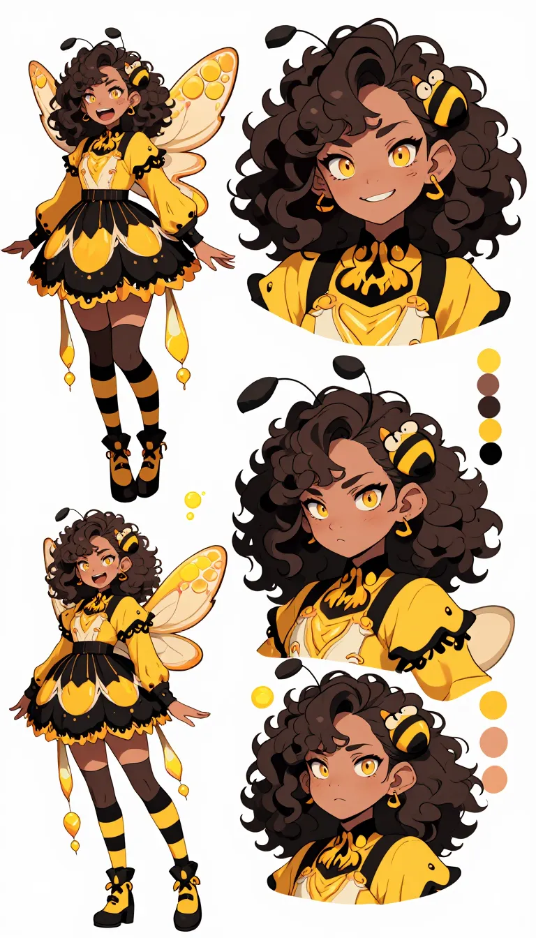 CharacterDesignIZT. This is a Character design sheet showcasing a stylized depiction of a young girl with insect-like features, rendered in a vibrant, anime-inspired art style. The background is white, A color palette swatch is included in the image, showcasing the main colors of the character.
She has a youthful appearance with a petite build, large, expressive, golden eyes, and a small mouth. Her hair is a curly, dark brown color, styled in loose waves and adorned with a bee-themed hair accessory featuring a small bee and a honeycomb pattern. She has large, delicate wings with a transparent, honeycomb-like structure, giving her a fantastical, insectoid appearance. Her outfit is a whimsical, bee-themed outfit that includes a yellow and black dress with a high collar, puffed sleeves, and a skirt adorned with black lace and yellow accents. She wears knee-high socks with black and yellow stripes, and black shoes with yellow accents.
The character is depicted in three poses: a full-body view, a headshot, and a close-up of her face.
multiple facial expressions in each perspective; happy with open mouth, angry, serious.
The illustration presents three views of the character:
1. A full-body view from the side, showing her standing with a slight tilt of her head and a epic posture.
2. A close-up of her face from the front, showcasing her smile expression and hairstyle.
3. A side profile view, highlighting her facial features.