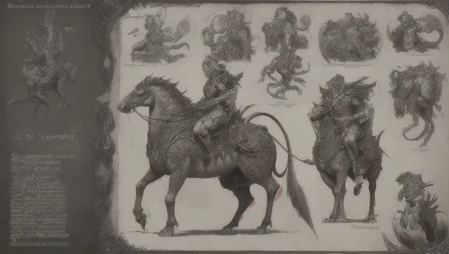 ((8k, high detail, ultra-crisp, high resolution)) character design sheet from artist Edward binkley of a monster riding a creature . ((Medieval bestiary art)) (((multiple arms from video game bestiary art))) realistic animal anatomy (line art)