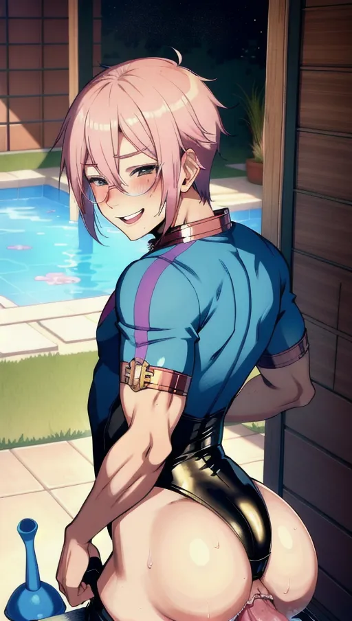 action shot of slutty gay boy, bubble butt, smiling, naughty expression, blushing, cum gushing out of ass, big cock
