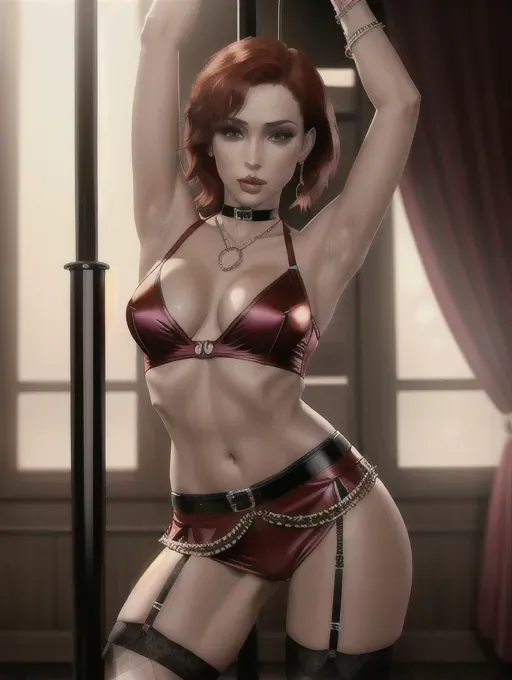 pornstar Vicca has short straight bobcat red hair, very intense and beautful eyes, high cheekbones in a very beautiful face, small beautiful breasts with very erect nipples
Vicca is poledancing using sensual poses, arms stretched above head holding in pole, semi-straight legs crossed around pole, red pubic hair, wearing sexy stripper outfit, partly naked, very thin body wearing a short sexy jacket with cleavage and half open tight transparent blouse, short and tight skirts, long slender legs in very sexy stockings, sexy choker with chain, bracelets on wrists and ankles, breasts are visible, erect nipples poking through clothes, nipslips, include full body in frame
detailed face and body, detailed pussy and pussy lips, pubic hair
ultra realistic graphics, High definition, excellent lighting, best quality, high resolution, photorealistic, masterpiece, ultra realistic graphics, 16k, improved graphics
delete hands holding in pole from picture