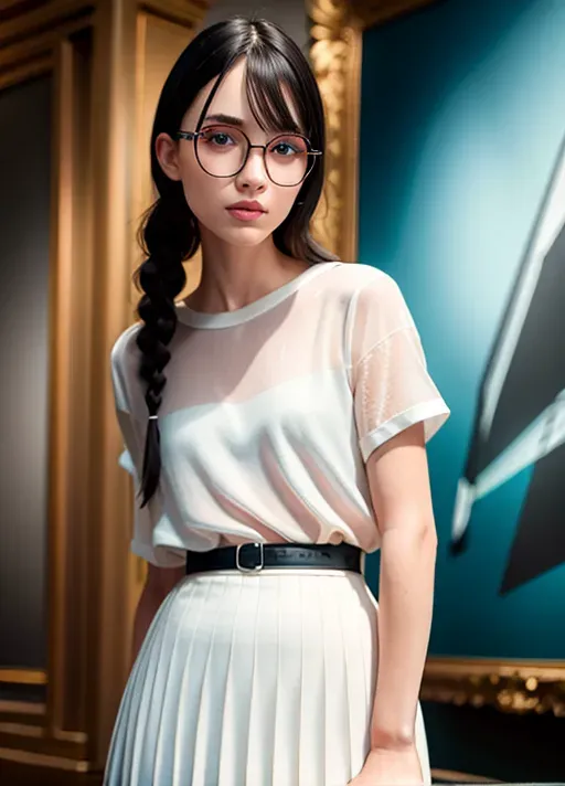 a highly detailed photo of, black hair, blue eyes, bangs, braids, pale skin, ultra real skin texture, realistic skin, realistic hair, realistic eyes, realistic, (((ultra realistic))), 18 years old, ultra quality, ultra realistic skin,((perfect pretty face)), (accurate eyes), accurate mouth, ((accurate hair color)), ((detailed hair features)),((detailed facial features)),((detailed body features)), best quality, 8k resolution,beautiful face, perfect body, anorexic, big rounded eyes, perfect shadows, beautiful red lips, inocent face, highly detailed face, curved eyebrows, correct anatomy, 8k, insanely beautiful, ultrarealistic, five fingers per hand, ((detailed arms features)),(textured skin),((beautiful lips)),((highly detailed)),((8k resolution photo shot)), cinematic lighting, slim, skinny, small waist, barely legal, (photorealism:1.5),(photorealistic:1.4), RAW photo, High detail RAW color photo, a professional photo, hyperrealism, photography, cinestill 800, hyper-realistic lifelike texture, wearing a white tiny pleat skirt, see through sheer blouse,<lora:dpmg_round_glasses:1>, blushing, wearing rounded glasses, wearing backpack behind the back, at a museum, all in frame, full frame, wide shot, long shot, porking nipples, upskirt, low angle shot,