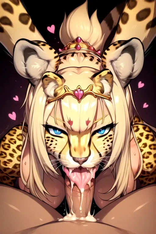 (((furry))), (((cheetah))), sex, pov, furry body, ahegao, collar, tiara, blue eyes, blonde hair, heart locket, wrist jewels, big penis, nude breasts, semen, sperm, jizz, heavily covered in semen, creampie, missionary position, jizz in hair, jizz in mouth