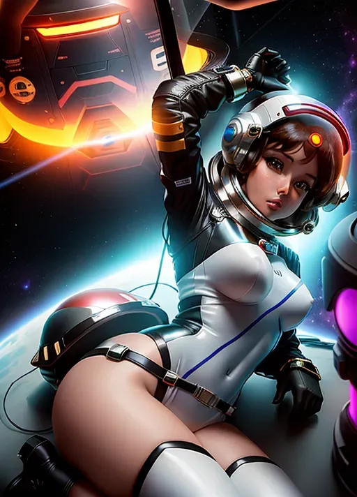 a sexy photoshoot of, sci fi theme, deep space (((astronaut girl hover in the void))), astronaut helmet, astronaut sexy suit, visible breast, long nipples, high texture