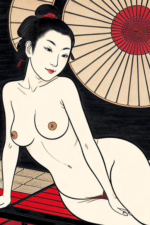 Portrait by Japanese ukiyo-e artist Hokusai, gorgeous nude girl, looking at me, alluring sexually aroused smile, black rose garden, wrought iron bench, champagne
