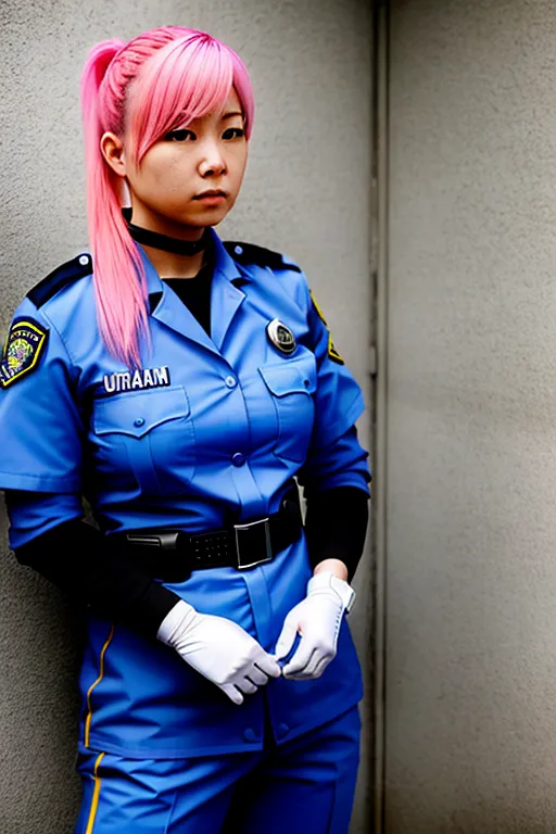 an ultra realistic photograph of female prison guard, black nitrile gloves, prison guard, american prison guard uniform, asian, pink hair,
