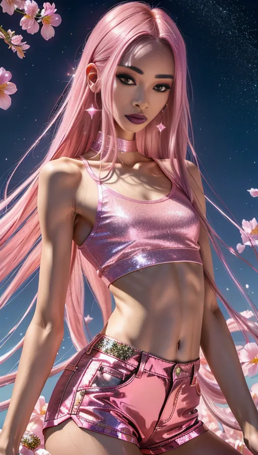 (Masterpiece) 8k resolution, hyper photo realistic, photo of (Nyane),
(Highly detailed face), ((skinny)),
((slim body)), ((small breast)), slender, petite, sexy, long lashes,
Long hot pink hair in a flowing dreads, glimmering sparkles in hair, loose fitting crop top sweater, perfect lighting, holding a trident, tight fitting shorts, gradient pink background, stars in background, looking at the viewer, flower petals blowing in the wind