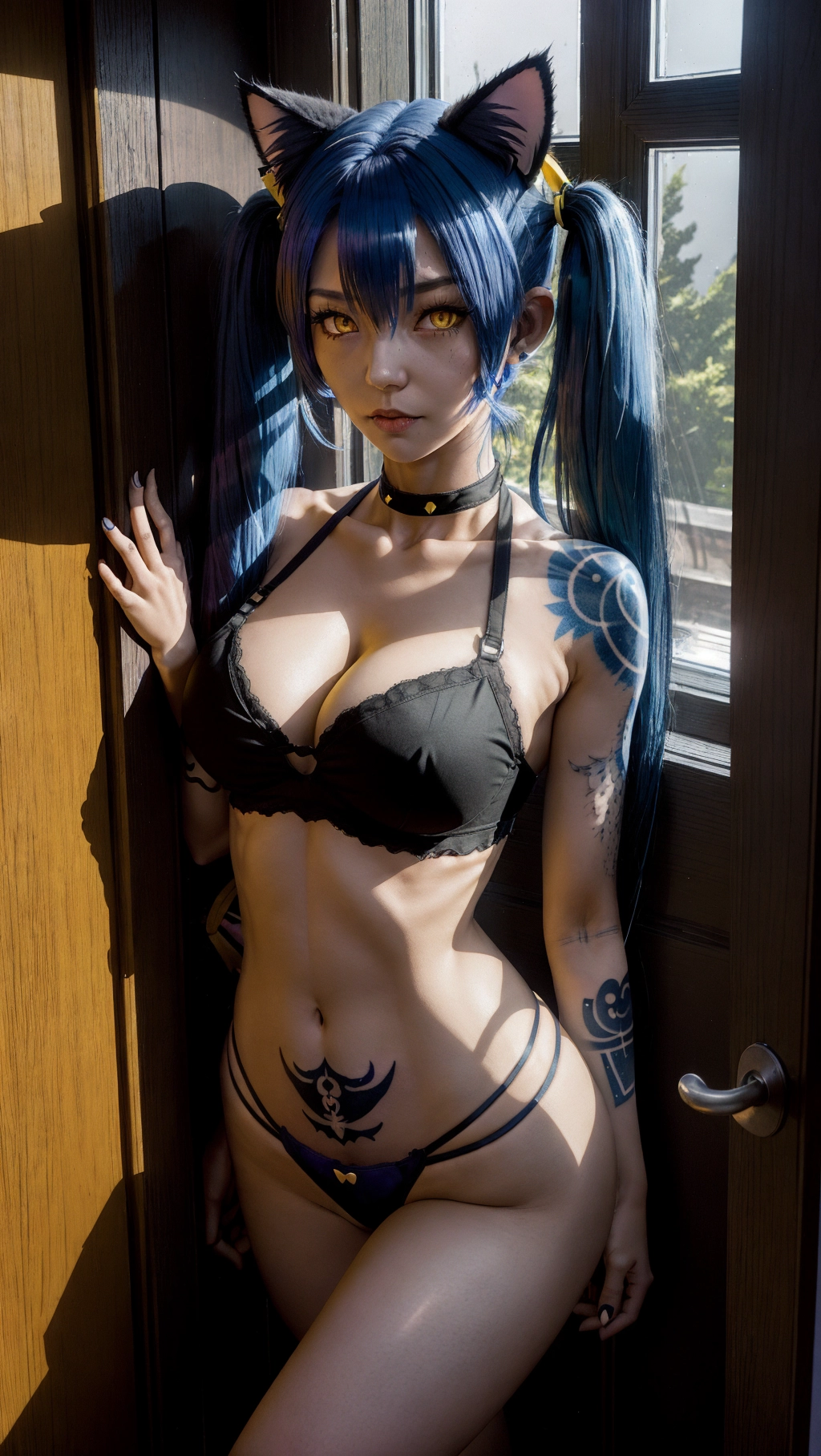Woman with cat ears, leaning in the doorway to a bedroom, dark room, big window, moonlight, blue hair, twintails, thin waist, medium breast, low cut crop top, stomach exposed, cleavage showing, tattooed, yellow eyes,