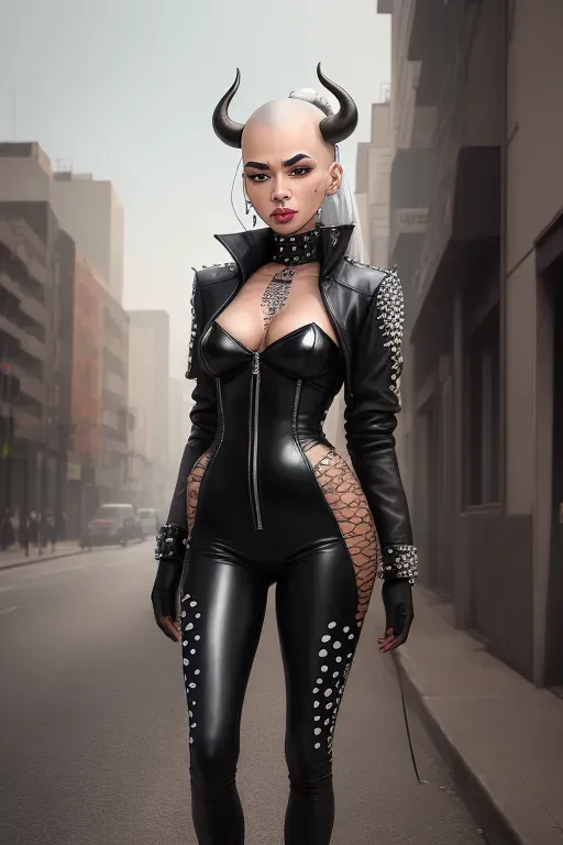 (photorealistic), (realistic), (best quality), (masterpiece), (pale colors), ((detailed facial features)), ((SFW)), ((an African black woman with horns with entire body covered)), ((anorexic skinny body)), ((huge heavy boobs)), ((plump bimbo lips)), ((small skinny butt)), ((thin skinny thighs)), realistic face, realistic eyes, anorexia, ((skin colored black and white spots)), ((black and white spots on skin)), (vitiligo skin), (outdoor setting), (white body paint), white body art, tan lines, matte skin, zebra pattern, cow pattern, piercing, wings, (multiple tattoos), metal jewelry, metal, spiked leather, chains, latex, goth, punk, fishnet, ornaments, cow print, zebra print, bimbo, white hair, ponytail hair, long hair, shaved head, bald head, ((full body covered)), (full body catsuit), shirt, bra, long skirt, (leather pants), tights, leggings, long dress, (coat), (jacket), cape, spikes, leather belts, high heels, 5 fingers on hands, 2 hands, 2 arms, 2 legs, 2 breasts, city background, ruins in the background, warzone in the background, night city in the background, winter forest at night in the background, insects, centipedes