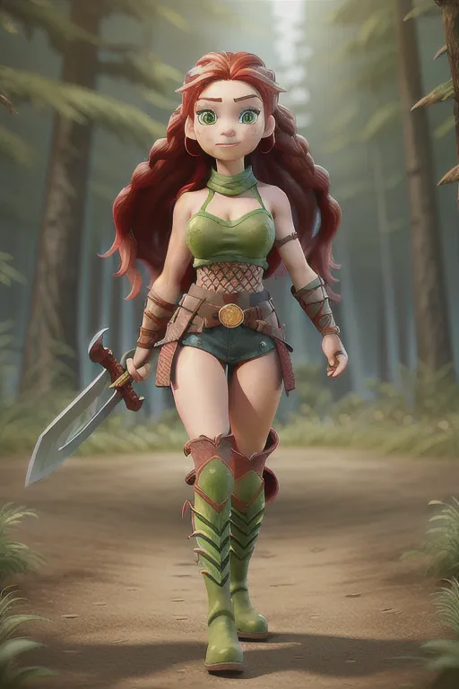 warrior babe, metal bikini armor, long braided red hair, green eyes, freckles, knee high boots, heeled boots, belt buckle, fingerless gloves, forest, sword, muscular, abs, smug,