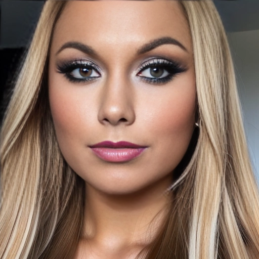 a beautiful young (teenage) girl with long blonde hair, (largest huge eyes:1.2), realistic, masterpiece, long eyelashes, mascara, lipstick, tanned