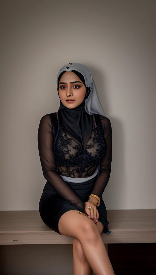 professional photograph of a 20 years old indian ((hijab)) girl exposing deep cleavage and thick thighs,
cute face, cute eyes, realistic cute face, highly detailed cute face,
highly realistic cute face, reflective eyes, cute eyes,
deep cleavage,
black cloths,
