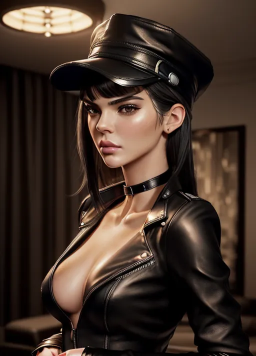 realistic HD photograph ((wide shot)), (((Kendall Jenner)))((((accurate face)))),(((as a femdom dominatrix prostitute)))(((in a penthouse apartment overlooking a city late at night))), (((wearing a leather choker collar with ring)))(((wearing cosplay lingerie)))(((holding a riding crop)))((((wearing a brimmed leather bikers cap))))(((BDSM)))((cruel mischievous facial expression)),(((short straight sleek haircut)))(((blunt bangs))), ((very sexy pose)),(((perky breasts))),(((slender athletic body))), five slender fingers, beautiful face, beautiful lips,detailed large eyes,curved eyebrows,cgsociety,cinematic lighting,studio lighting,professional,editorial,