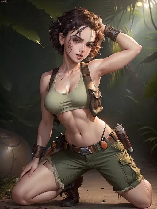 realistic HD photograph of, (((side full body profile)))(((Daisy Ridley)))((accurate face)), (((As a Jungle Princess)))(((wearing ragged cropped tanktop)))(((wearing ripped cargo hotpants)))(((wearing utility belt with knife scabbard)))((freckled face)) ((((grabbing her breasts)))(((touching vagina)))(((masturbating)))), very sexy pose,(((perky breasts))), (((slender build))),(((sexy biting lower lip)))(((short messy hairstyle)))(((mischievous playful expression))), beautiful face, beautiful lips,detailed large eyes,curved eyebrows,cgsociety,cinematic lighting,studio lighting,professional,editorial,