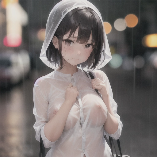 A girl, in the rain, wet clothes, transparent shirt, transparent, holding bag, frowning, wet, can see genitalia through clothes, no underwear, no bra, nipples visible, can see breasts through clothes, embarrassed, accidental, fully clothed, pixiv, bokeh, perfect lighting, depth of field, play of light, absurd res, candid, emotive photography