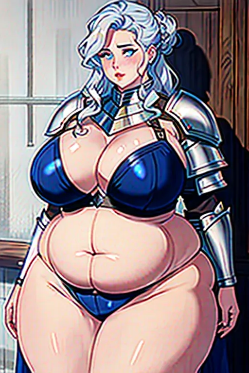 a photo shot of, an ssbbw girl, beer belly, mom bod, huge mom bod, fat mom bod, bloated, fat gut, huge gut, stuffed gut, swollen gut, huge stomach, giant beer belly, blushing, stuffed belly, chubby cheeks, thick neck, fattest girl, huge breasts, large belly, huge belly, fat belly, fat rolls, giant belly, double chin, chubby, huge thighs, fat thighs, giant thighs, massive thighs, thicc thighs, muffintop, huge muffintop, fat muffintop, spare tire, thicc, five fingers per hand, messy hair, white hair, curly hair, messy bun hairstyle, wide hips, weight gain, feederism, freckles, blue eyes, pale skin, mean face, smooth, pixiv, highly detailed, surreal, sharp focus, full body, fat arms, huge arms, extra large hips, extra large waist, tight clothes, wearing full plate armor, realistic metal armor, silver armor, medieval armor, knight armor, silver pauldron armor, metal panties, metal greaves, armor skirt