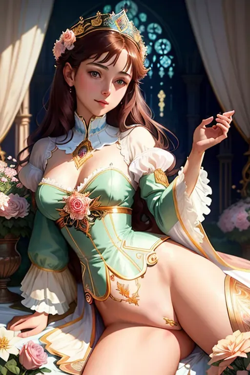 Colour painting of a young Grand Duchess Anastasia, highly detailed, detailed breasts, extremely detailed vagina, professional, legs spread, flowers and villa in the background, intricate motifs, organic tracery, perfect composition, warm dreamy tones, digital painting, artstation, concept art, smooth, sharp focus, illustration, Carne Griffiths, pixar, Michael Garmash, Frank Frazetta, Victo ngai, Jean Baptiste Monge, shiny aura
