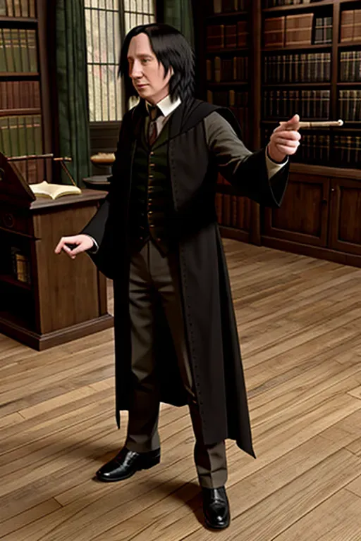 hogwarts, Severus snape, full body, in classroom, raised arm, sitting, side view