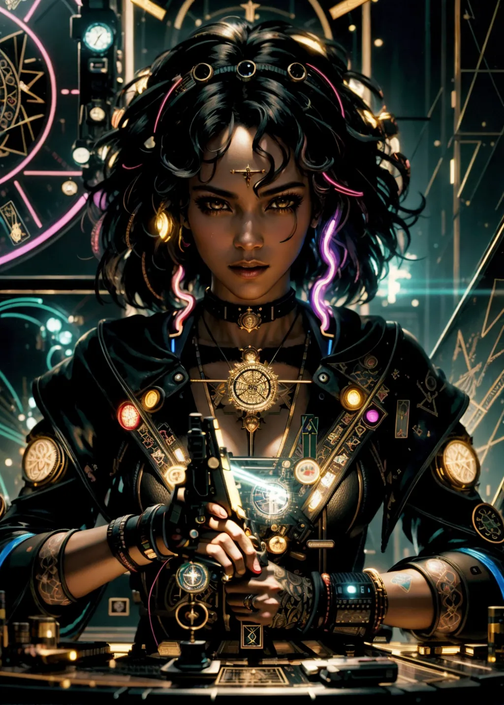 8k, raw photo, masterpiece, (((Tarot card))), Tarot card frame made of cyberpunk clocks, Portrait of a woman holding a gun, very detailed, clocks, lazers, cyberpunk equipment, ((in a frame)), surrounded by cyberpunk clocks, (((black skin))), science fiction, cyberpunk, In the Style of Cyberpunk 2077, masterpiece, best quality, CG, wallpaper, HDR, high quality, high-definition, extremely detailed, (detailed light), ((intricate detail)), (highres), neon light, chiaroscuro, anime style, key visual, intricate detail, highly detailed, breathtaking, vibrant, cinematic, <lora:UltimateTarotV1.3:1>