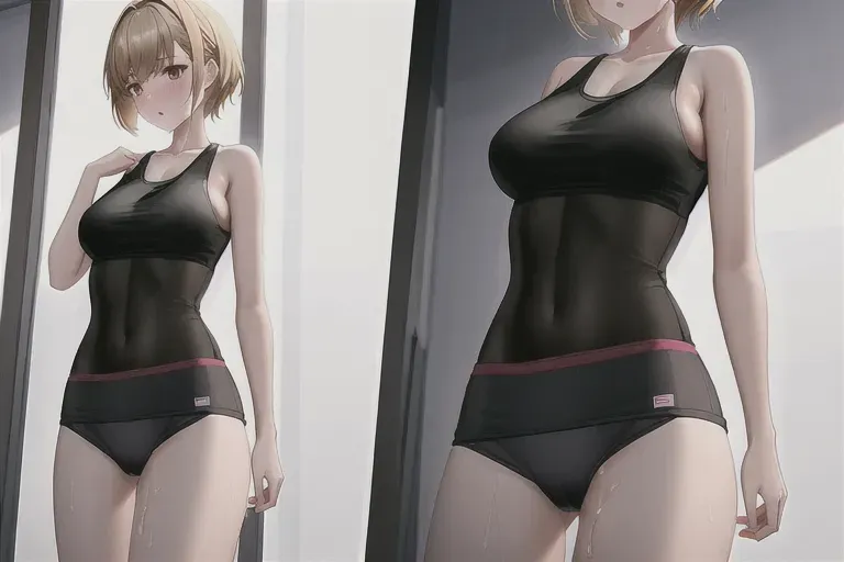 a digital painting of a girl masturbating, in sports locker room, after workout, satisfaction, orgasm, slim waist, wearing sweatpants, wearing tank top, medium breasts,pale skin, sweating, detailed skin, short blonde hair,the view between the legs,
