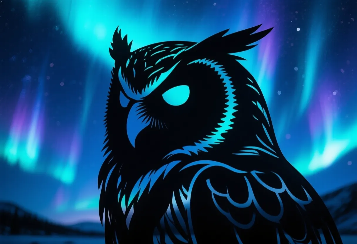 A Mystical Aurora Silhouette of a wise owl, with dark, intricate outlines against a backdrop of vibrant aurora lights. Use a color palette of midnight blue and silver to create a mesmerizing and ethereal atmosphere