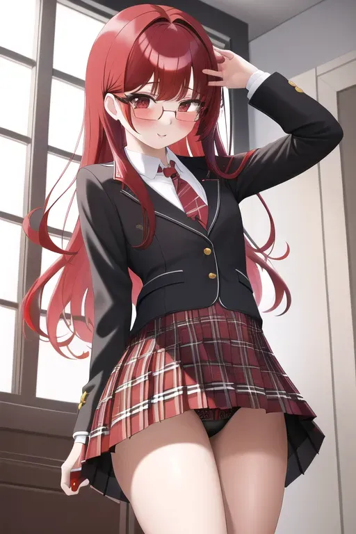 masterpiece, best quality, long red hair with bangs, school uniform, plaid skirt, stockings, starry red eyes, black rounded rectangle glasses, (upskirt), (sexy panties), (small breast),