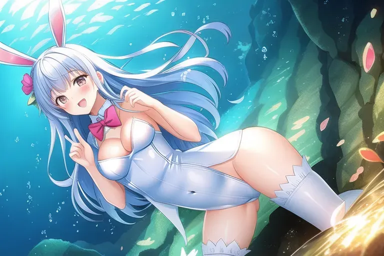 a illustration of, Pan,wearing a bunny suit,touching pussy, in an underwater city