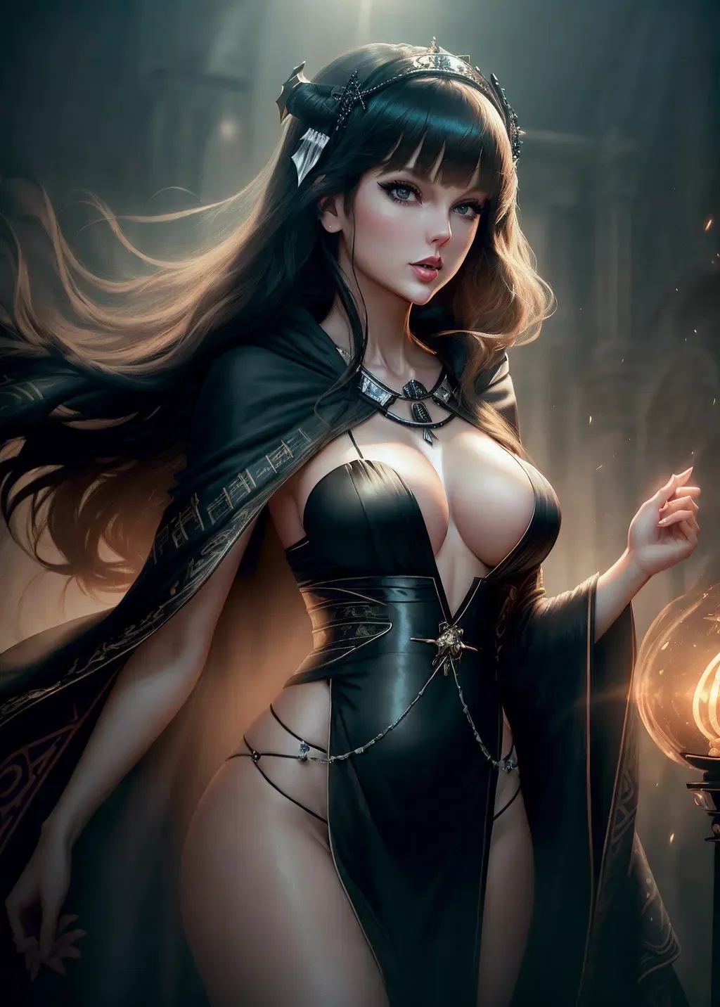 realistic HD photograph ((wide shot)), (((Taylor Swift)))((((accurate face)))),(((As a pagan death priestess))), (((wearing diaphanous cultist robes))), (((floating in midair))) (((long sleek blunt bangs hairstyle)))(((black hair))), ((very sexy pose)),(((perky breasts))),(((ZAFTIG athletic body))), five slender fingers,, beautiful face, beautiful lips,detailed large eyes,curved eyebrows,cgsociety,cinematic lighting,studio lighting,professional,editorial