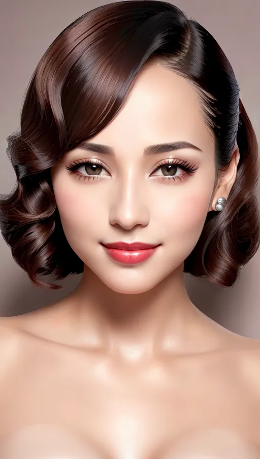 (solo lady), beautiful natural hair in Glamorous Finger Waves with Side Part, almond-shaped eyes with button nose and full lips, looking into camera,teasing smile, nice teeth, accurate facial details, (head lying on pillow), natural lighting, (((8k high resolution photo))),(((extreme facial close up)))
