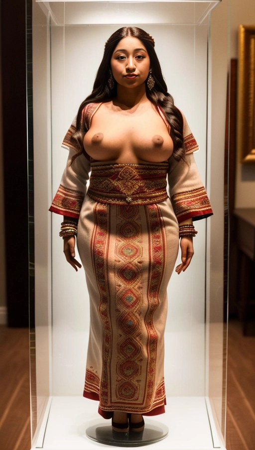 The woman was frozen in time, She wore traditional Guatemalan clothing that accentuated her large natural breasts and wide hips, along with a pair of high heels. The woman is Latin American. She is inside a glass display case exposed for sale. The setting is in a white-walled room evenly lit by white lighting. Despite being overweight, she still looks attractive. The image should showcase the womans ample figure within the glass display case. Her facial expression should be neutral, with eyes fixed on the camera but without any emotions. (((full body view, full body photo)))), ((full body view)), ((breasts large natural)), ((overweight)), (((hyperrealistic))),
Masterpiece,
perfect edges,
ultra realistic,
perfect anatomy,
realistic skin texture
