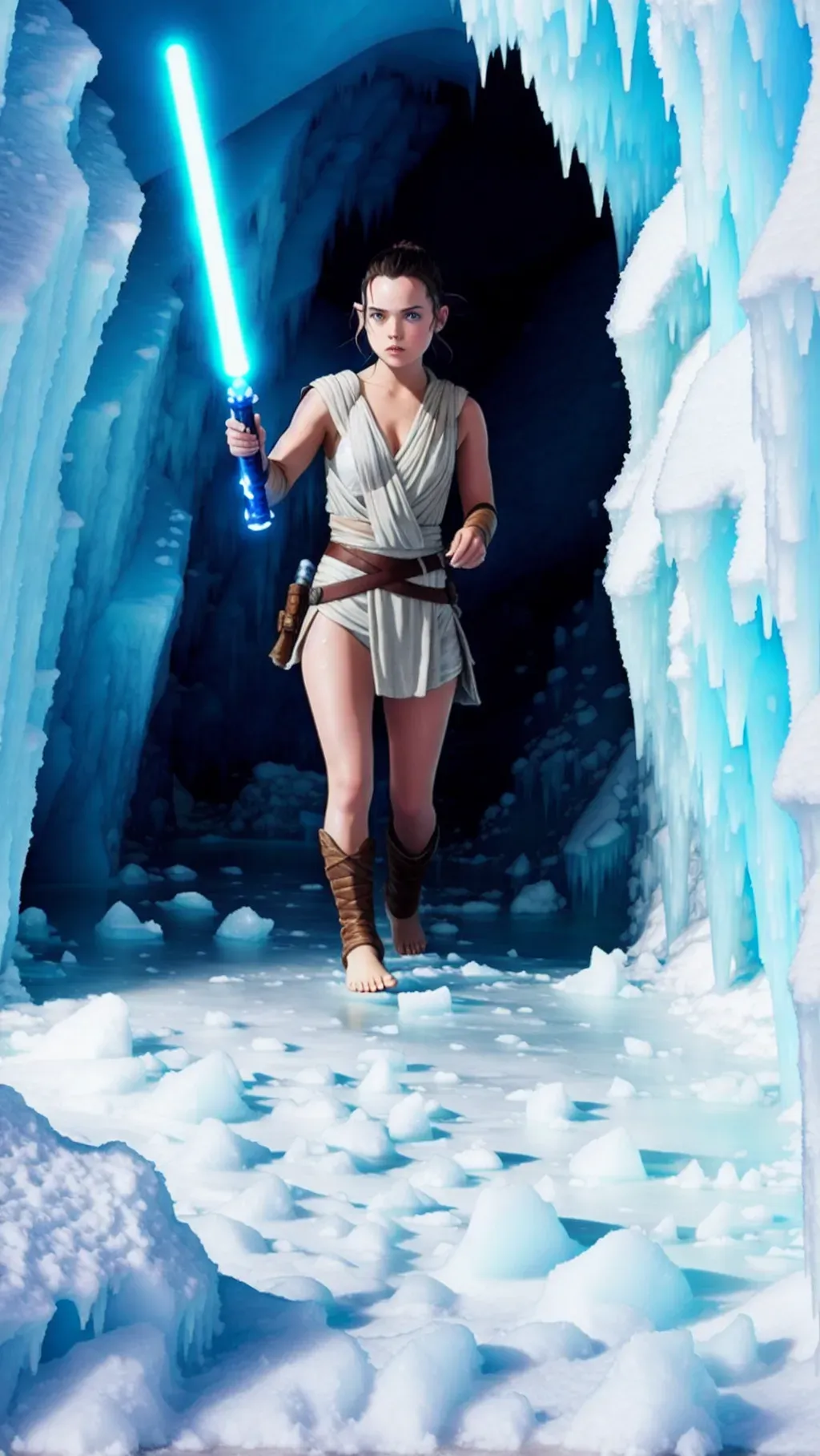 Dopamine Girl - barefoot Rey Skywalker wearing her normal attire while  exploring deep inside the ice cave of Hoth with ice-covered bare feet  sinking into the snow while holding her lightsaber, barefoot,